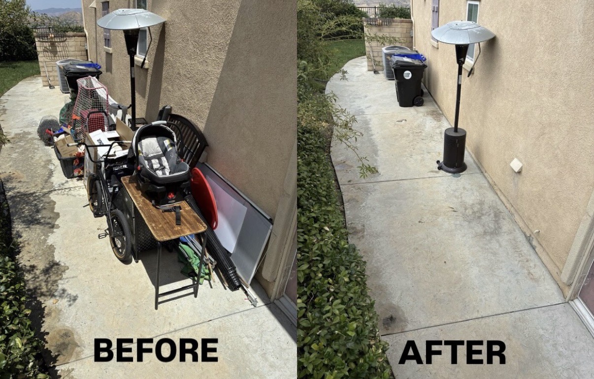 Before and after: side walkway cleared of stored household items